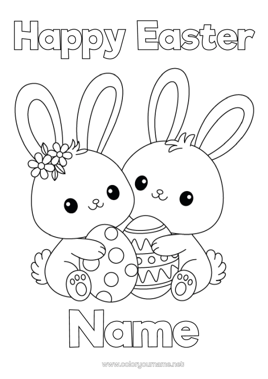 Coloring page to print Cute Kawaii Bunny Easter Eggs Easter "Happy Easter" Message Forest Animals