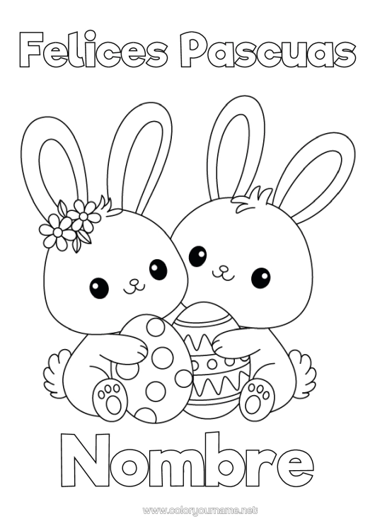 Dibujo para colorear para imprimir Lindo Kawaii Conejo Huevos De Pascua Pascua De Resurrección Mensaje De "Felices Pascuas" Animales Del Bosque