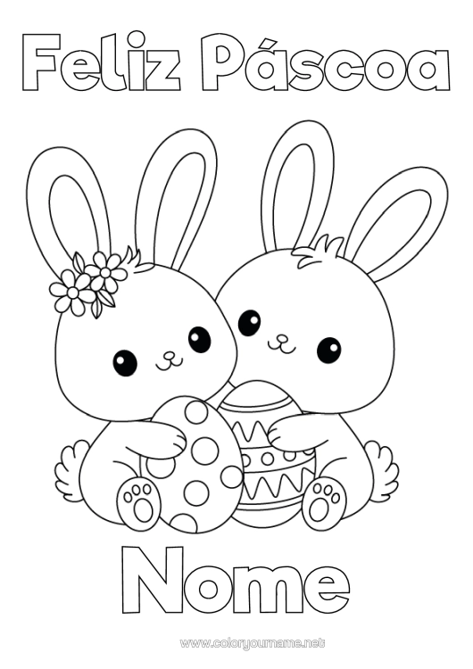 Página de desenho para imprimir Fofo Kawaii Coelho Ovos De Páscoa Páscoa "Feliz Páscoa" Mensagem Animais Da Floresta