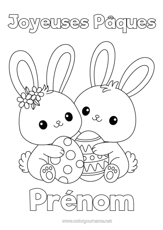 Coloriage à imprimer Mignon Kawaii Lapin Oeufs De Pâques Pâques "Joyeuses Pâques" Message Animaux De La Forêt