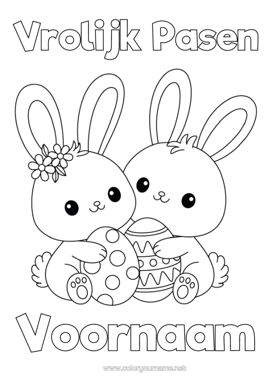 Kleurplaat om af te drukken Schattig Kawaii Konijn Paaseieren Pasen "Vrolijk Pasen" Bericht Bosdieren