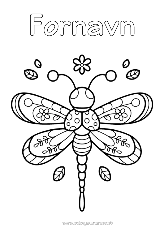 Farvelægningssiden til udskrivning Kawaii Insekter Libelula