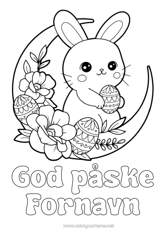 Fargeleggingssiden til utskrift Søt Blomster Søt Kanin Påskeegg Påske Måne "God Påske!" Skogsdyr