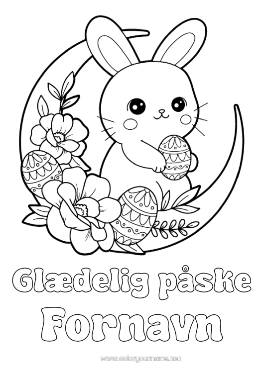 Farvelægningssiden til udskrivning Sød Blomster Kawaii Kanin Påskeæg Påske Måne "Glædelig Påske" Skovens Dyr