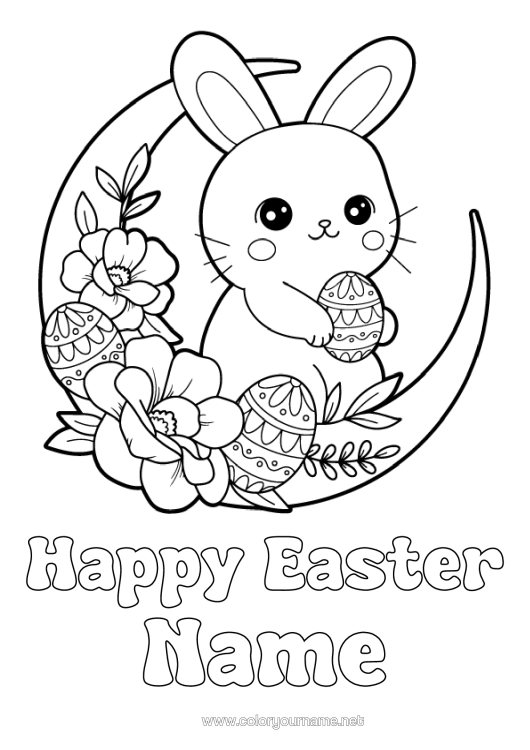 Coloring page to print Cute Flowers Kawaii Bunny Easter Eggs Easter Moon "Happy Easter" Message Forest Animals