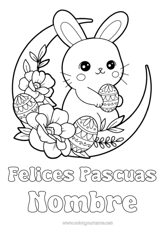 Dibujo para colorear para imprimir Lindo Flores Kawaii Conejo Huevos De Pascua Pascua De Resurrección Luna Mensaje De "Felices Pascuas" Animales Del Bosque