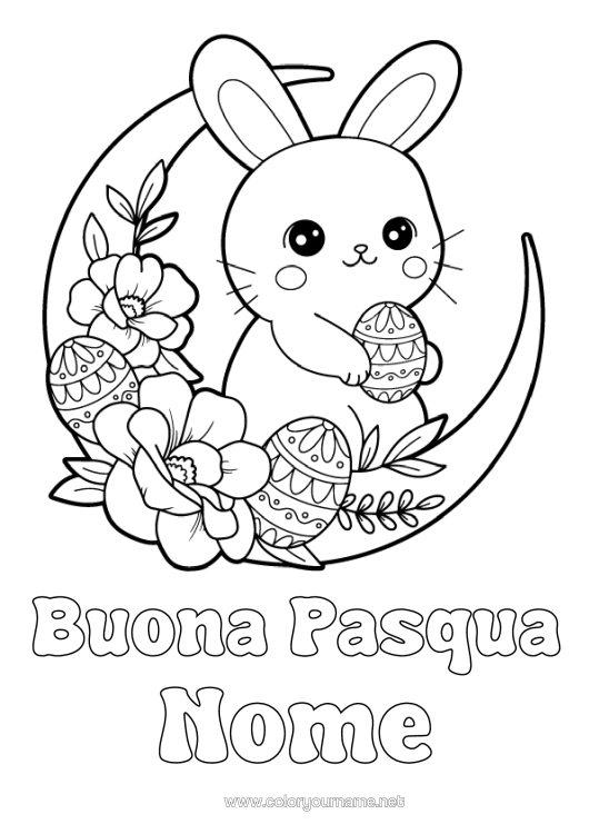 Pagina da colorare da stampare Carino Fiori Kawaii Coniglio Uova Di Pasqua Pasqua Luna Messaggio Di "Buona Pasqua" Animali Della Foresta