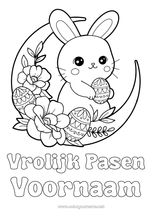 Kleurplaat om af te drukken Schattig Bloemen Kawaii Konijn Paaseieren Pasen Maan "Vrolijk Pasen" Bericht Bosdieren