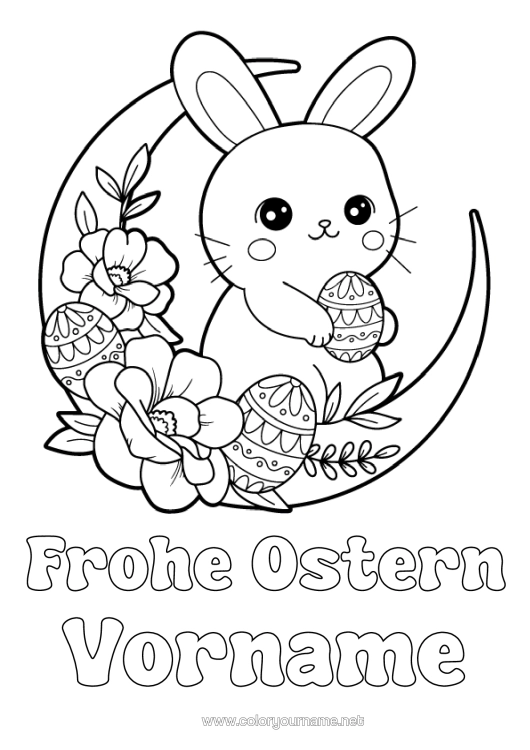 Malvorlage zum Ausdrucken Niedlich Blumen Kawaii Hase Ostereier Ostern Mond "Frohe Ostern" Nachricht Waldtiere