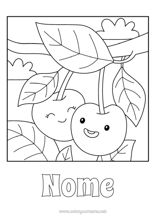 Pagina da colorare da stampare Kawaii Ciliegia Frutta