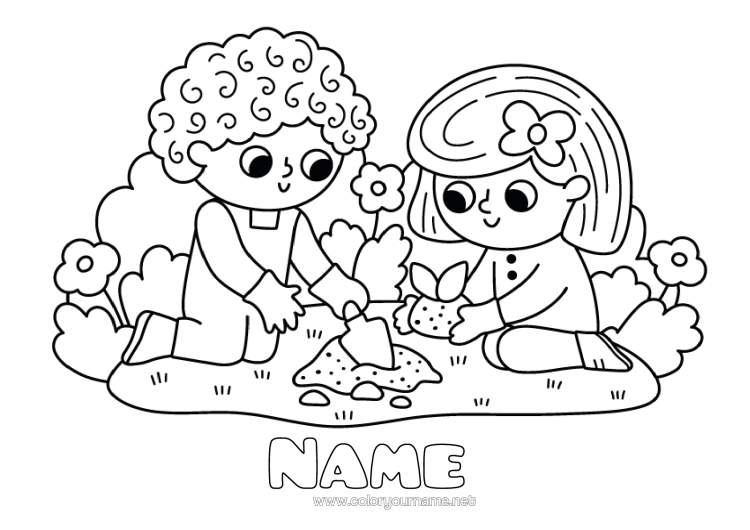 Coloring page to print Girl Boy Child Garden Gardening