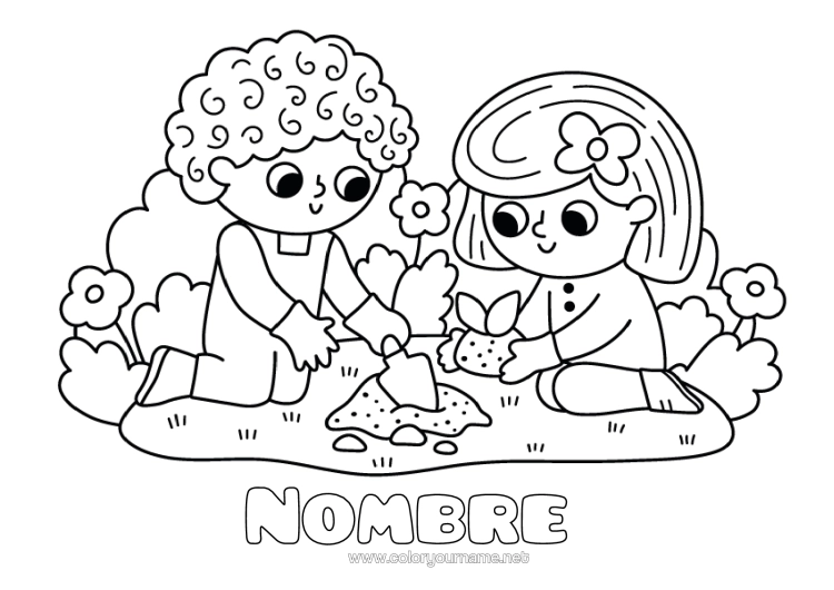 Dibujo para colorear para imprimir Chica Chico Niño Jardín Jardinería