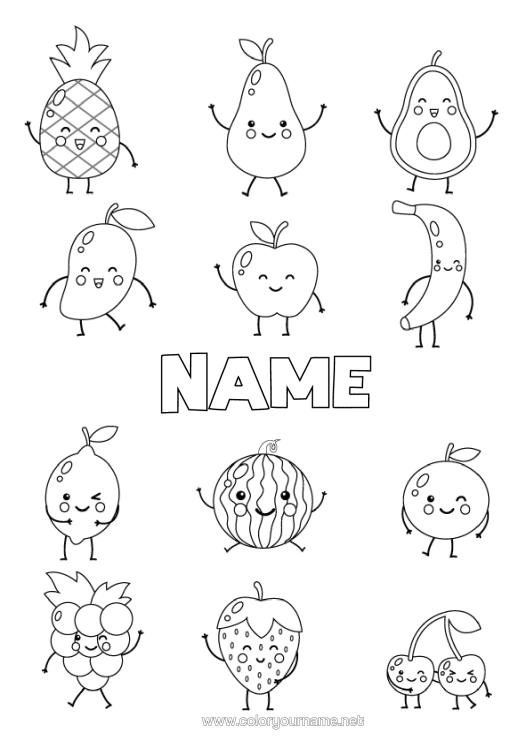 Coloring page to print Kawaii Cherry Fruits Strawberry Avocado Watermelon Banana Pear Lemon Cartoon Raspberry