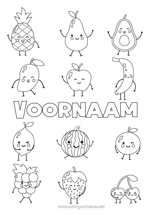 Kleurplaat om af te drukken Kawaii Kersen Fruit Aardbei Avocado Watermeloen Banaan Peer Citroen Cartoon Framboos