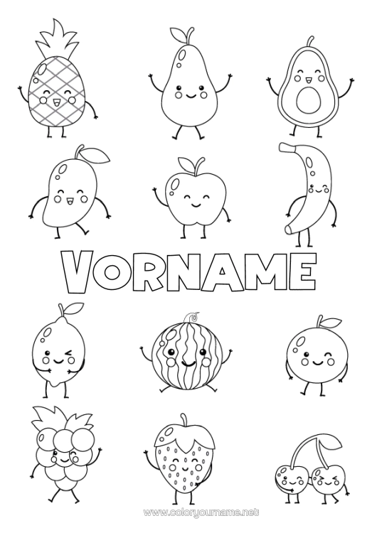 Malvorlage zum Ausdrucken Kawaii Kirsche Früchte Erdbeere Anwalt Wassermelone Banane Birne Zitrone Karikatur Himbeere