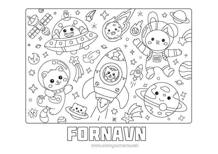 Farvelægningssiden til udskrivning Kawaii Raket Kanin Rum Rumvæsen Planeter Og Solsystem Skovens Dyr Astronaut Astronomi Luftfartøjer Udforskningsfag