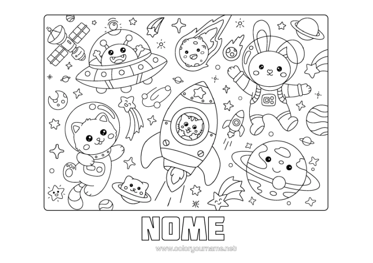 Pagina da colorare da stampare Kawaii Razzo Coniglio Spazio Alieno Pianeti E Sistema Solare Animali Della Foresta Astronauta Astronomia Veicoli Aerei Mestieri Di Esplorazione