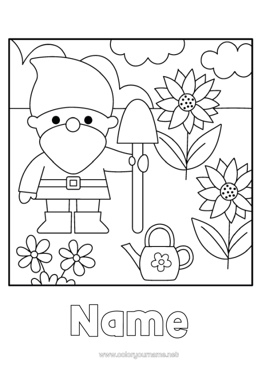 Colouring page to print Sunflower Watering Can Gardening Garden Gnome