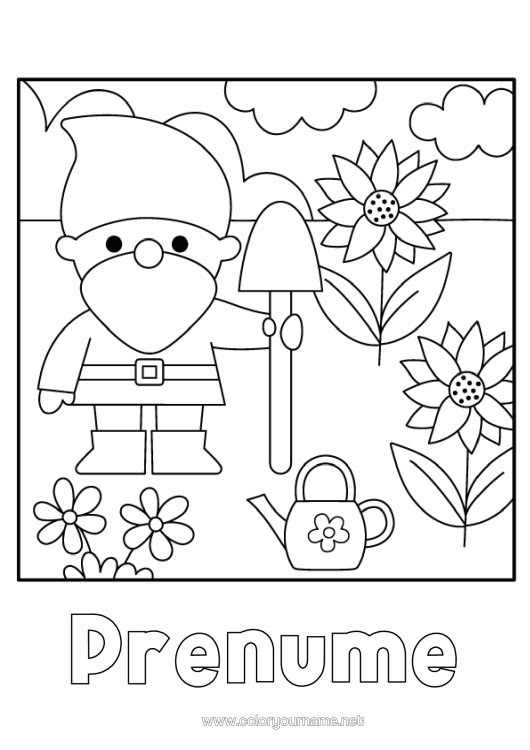 Pagină de colorat de imprimat Floarea-Soarelui Udatore Grădinărit Gnom De Grădină