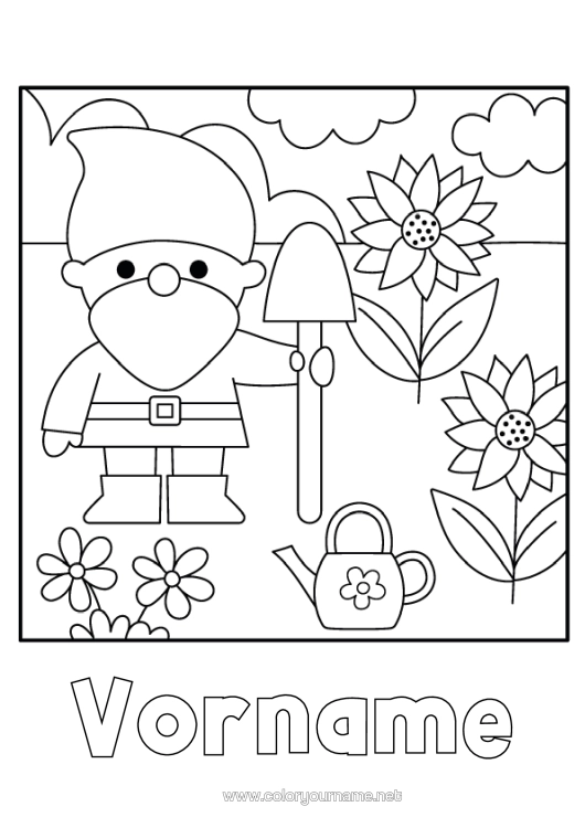 Malvorlage zum Ausdrucken Sonnenblume Gießkanne Gartenarbeit Gartenzwerg
