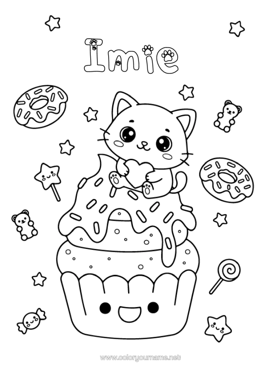 Kolorowanka do wydruku Cukierki Kot Uroczy Pączki Słodkości, Łakocie Babeczka Psy I Koty Słodka Laska