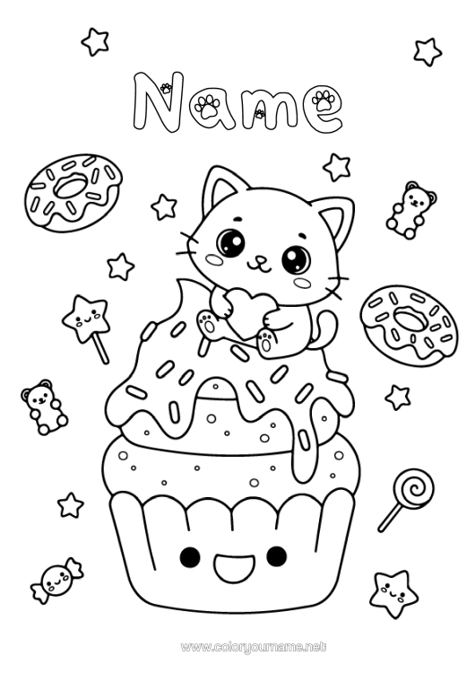 Colouring page to print Sweets Cat Cute Animal Doughnuts Treats, Sweets Fairy Cake Dogs And Cats Pacifier