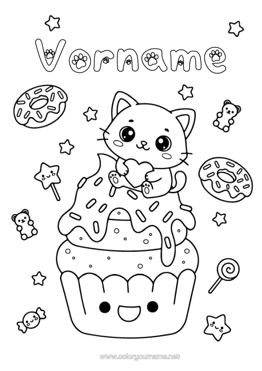 Malvorlage zum Ausdrucken Bonbons Katze Kawaii Donuts Leckereien, Süßigkeiten Cupcake Hunde Und Katzen Lutscher