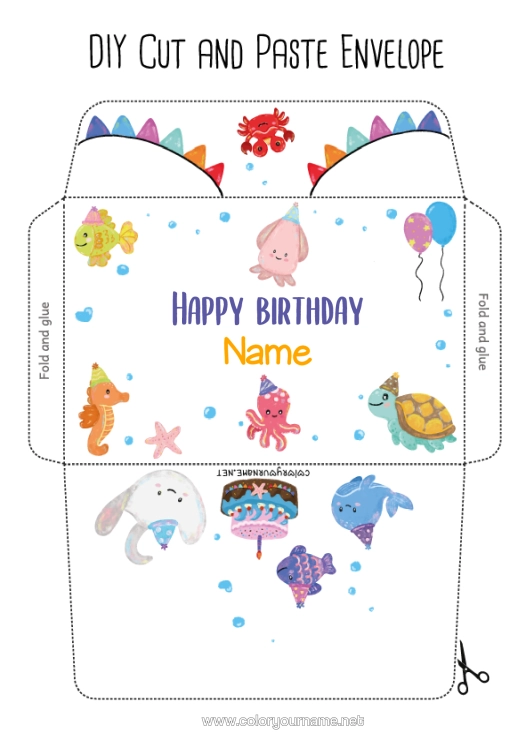 Colouring page to print Birthday Tortoise Animal Fish Crab Skate Marine Or Aquatic Animals Reptiles Octopus Print Envelope Birthday Cake