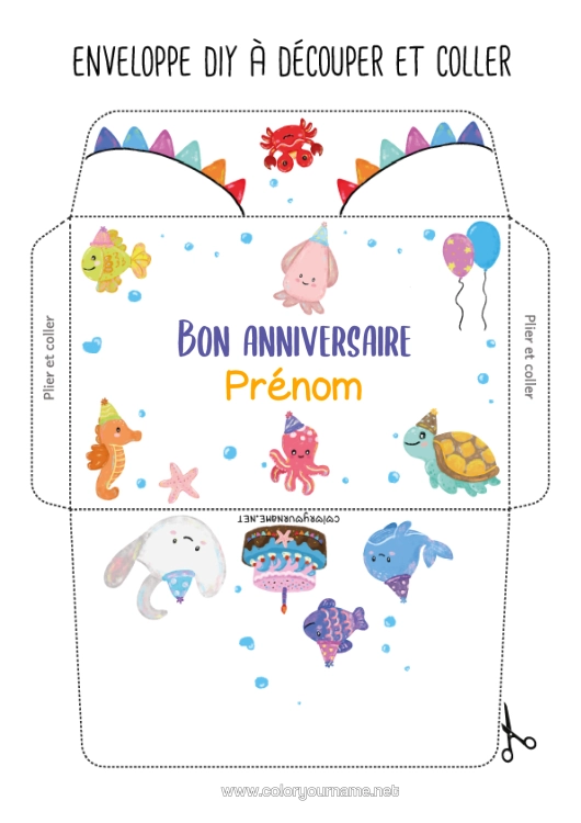 Coloriage à imprimer Anniversaire Tortue Animal Poisson Crabe Raie Animaux Marins Ou Aquatique Reptiles Pieuvre, Poulpe Enveloppe À Imprimer Gâteau D’anniversaire