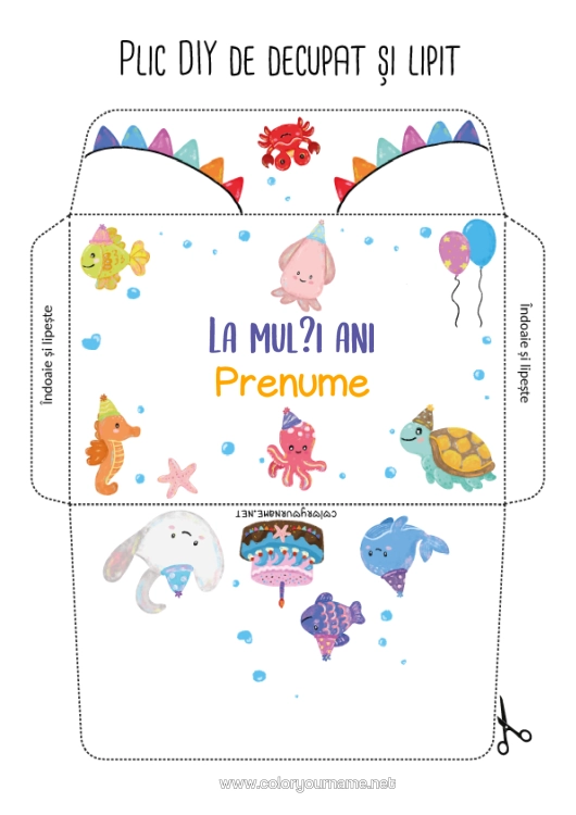 Pagină de colorat de imprimat Aniversare Broască Țestoasă Animal Pește Crab Raie Animale Marine Sau Acvatice Reptile Caracatiță, Polip Plic De Imprimat Tort De Ziua De Naștere