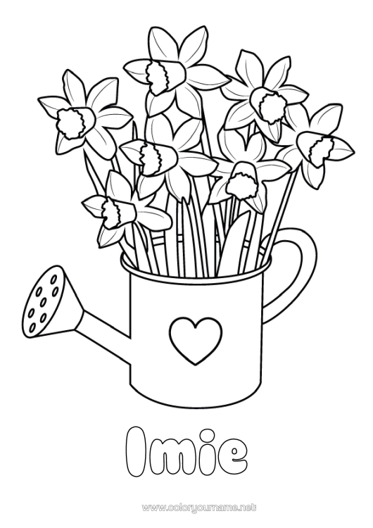 Kolorowanka do wydruku Kwiaty Serce Żonkile Podlewnica
