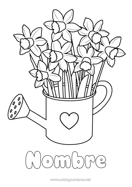 Dibujo para colorear para imprimir Flores Corazón Narcisos Regadera