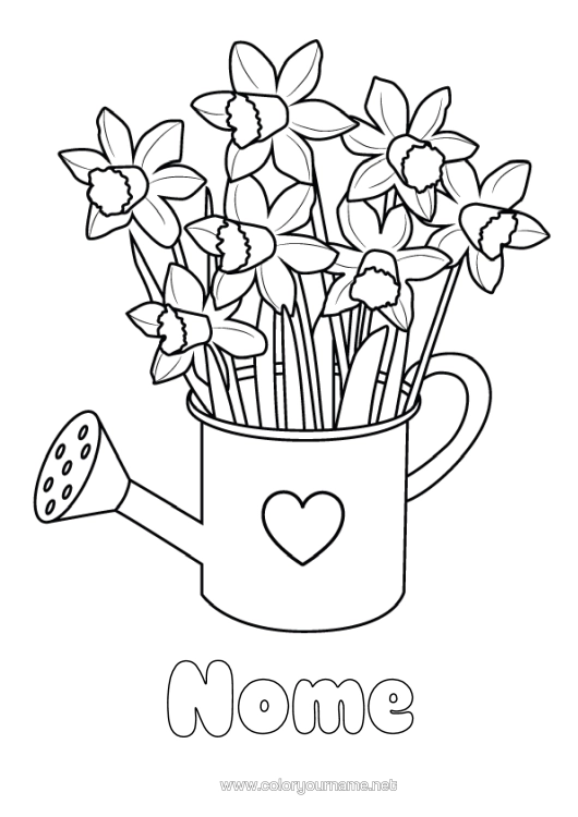 Página de desenho para imprimir Flores Coração Narcisos Regador