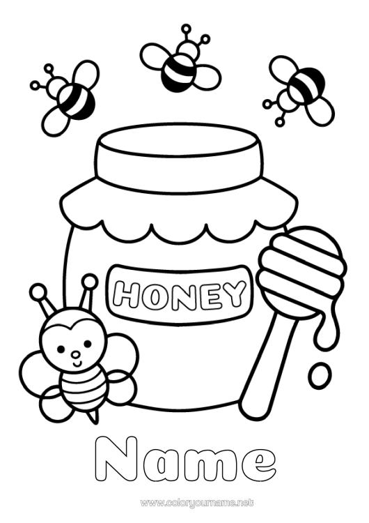 Colouring page to print Cute Animal Bee Insects Honey