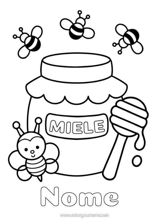 Pagina da colorare da stampare Kawaii Ape Insetti Miele