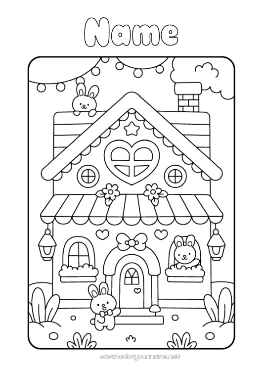 Coloring page to print Cute Heart Kawaii Bunny Animal House Forest Animals