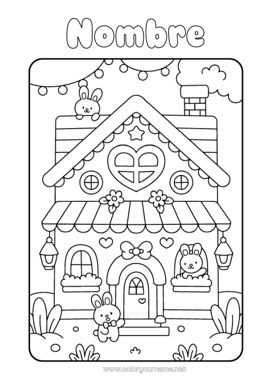 Dibujo para colorear para imprimir Lindo Corazón Kawaii Conejo Animales Casa Animales Del Bosque