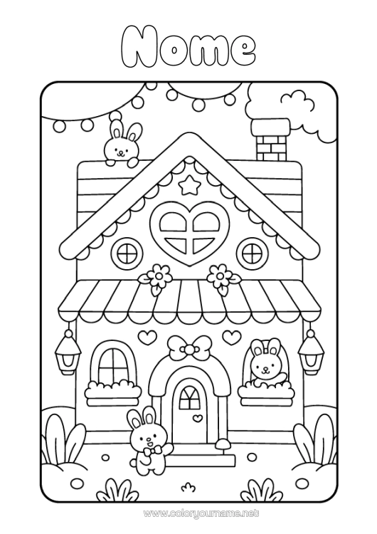 Pagina da colorare da stampare Carino Cuore Kawaii Coniglio Animale Casa Animali Della Foresta