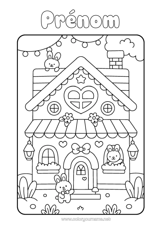 Coloriage à imprimer Mignon Coeur Kawaii Lapin Animal Maison Animaux De La Forêt