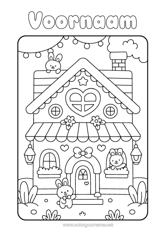 Kleurplaat om af te drukken Schattig Hart Kawaii Konijn Dier Huis Bosdieren