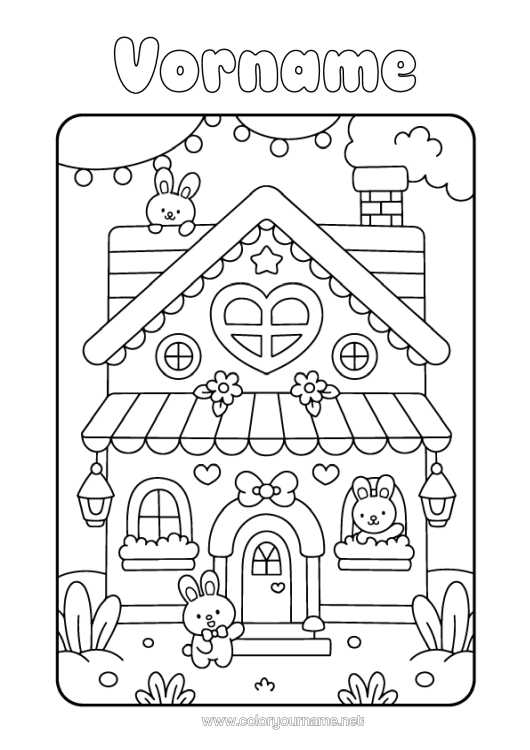 Malvorlage zum Ausdrucken Niedlich Herz Kawaii Hase Tier Haus Waldtiere