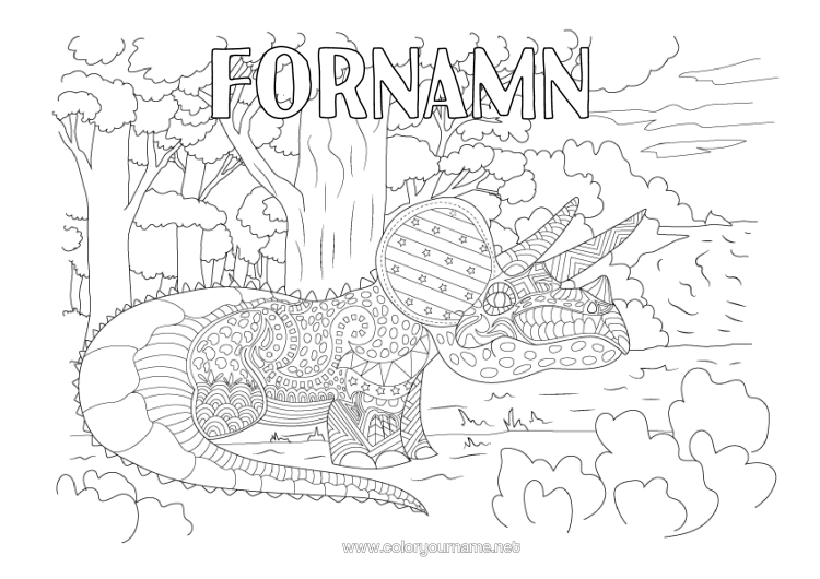 Färgläggningssida att skriva ut Dinosaurier Triceratops Komplexa Målarbilder Zentangle