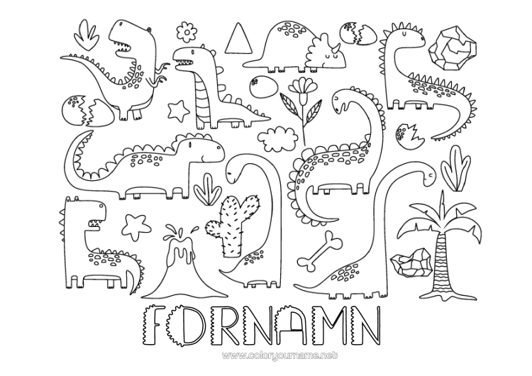 Färgläggningssida att skriva ut Dinosaurier Vulkan Palmträd Diplodocus Tyrannosaurus Triceratops