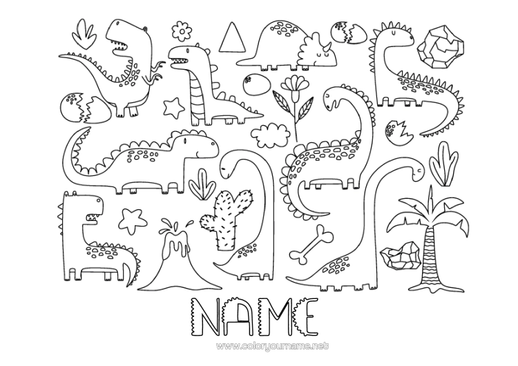 Colouring page to print Dinosaurs Volcano Animal Palm Tree Diplodocus Tyrannosaurus Triceratops