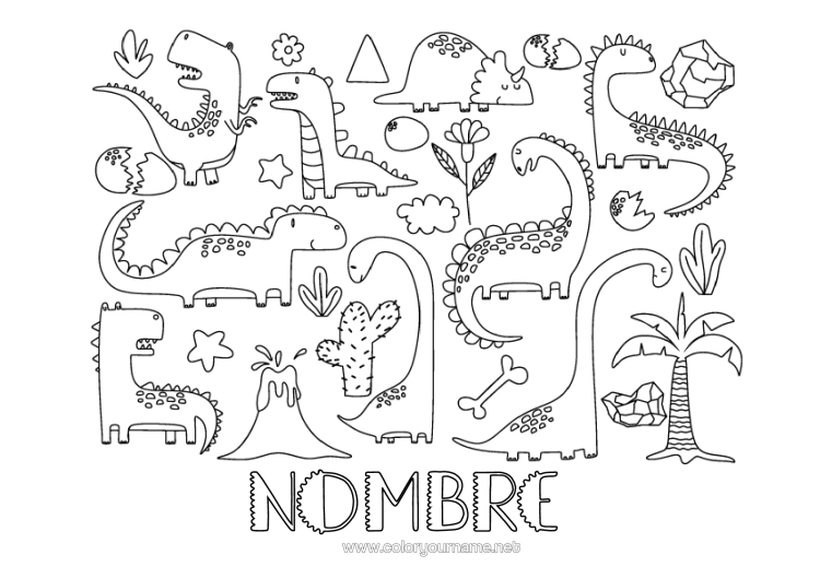 Dibujo para colorear para imprimir Dinosaurios Volcán Palmera Diplodocus Tiranosaurio Triceratops