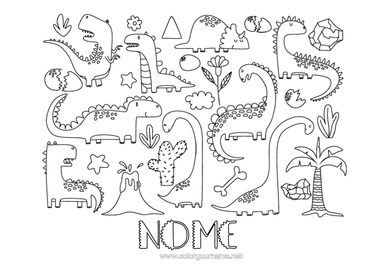 Página de desenho para imprimir Dinossauros Vulcão Palmeira Diplodoco Tiranossauro Tricerátopo