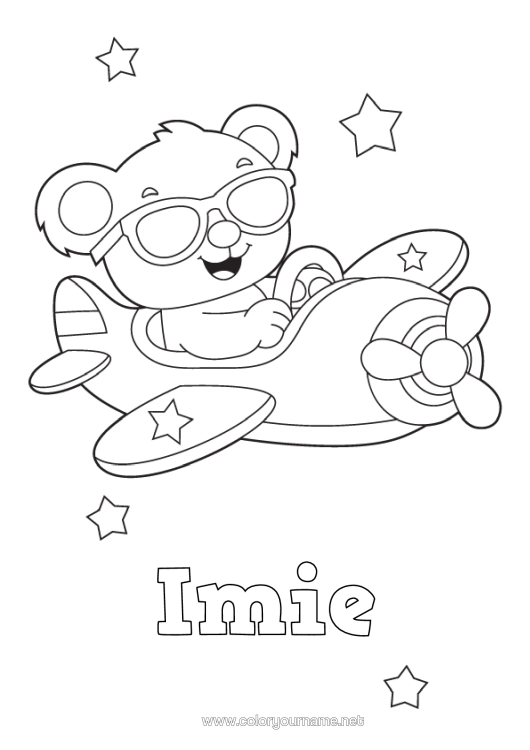 Kolorowanka do wydruku Niedźwiedź Samolot Pojazdy Niedźwiadek Zwierzęta Leśne Pojazdy Powietrzne Kreskówka Okulary Przeciwsłoneczne