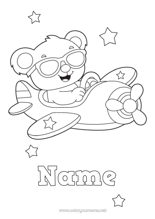 Coloring page to print Bear Plane Vehicles Teddy Bear Forest Animals Aerial Vehicles Cartoon Sunglasses