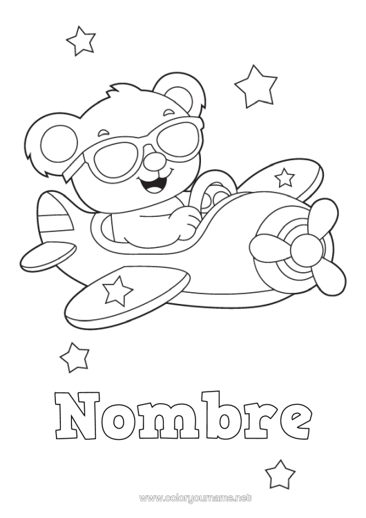 Dibujo para colorear para imprimir Llevar Avión Vehículos Osito Animales Del Bosque Vehículos Aéreos Cartoon Gafas De Sol