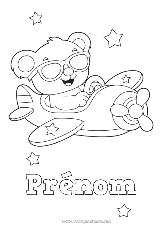 Coloriage à imprimer Ours Avion Véhicules Ourson Animaux De La Forêt Véhicules Aériens Cartoon Lunettes De Soleil